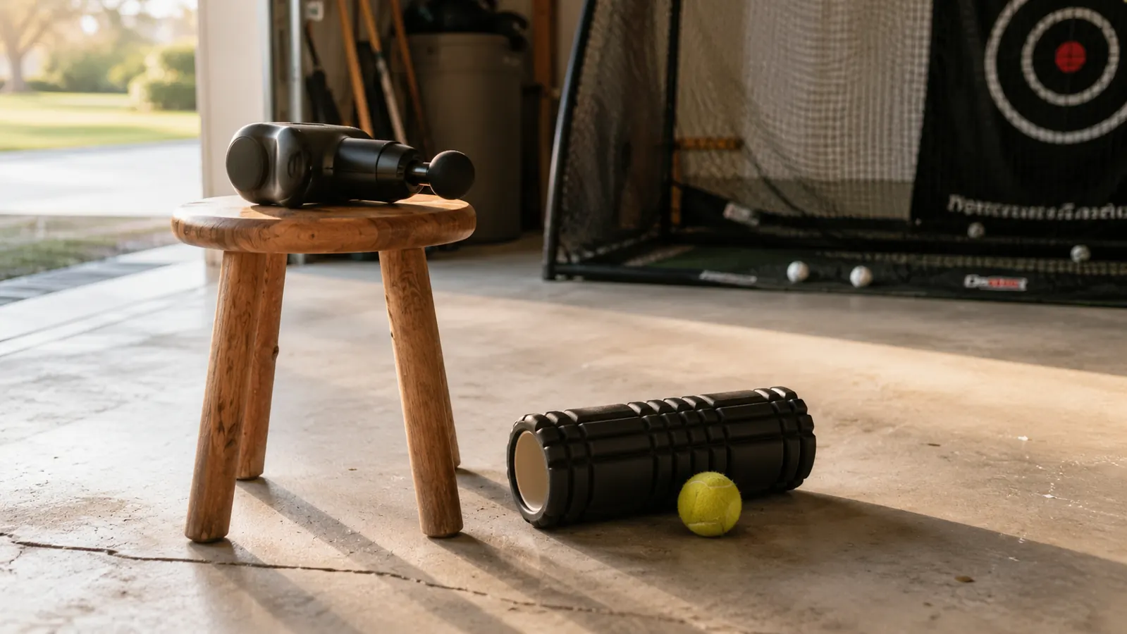 A massage gun on a stool beside a foam roller and a tennis ball in a garage