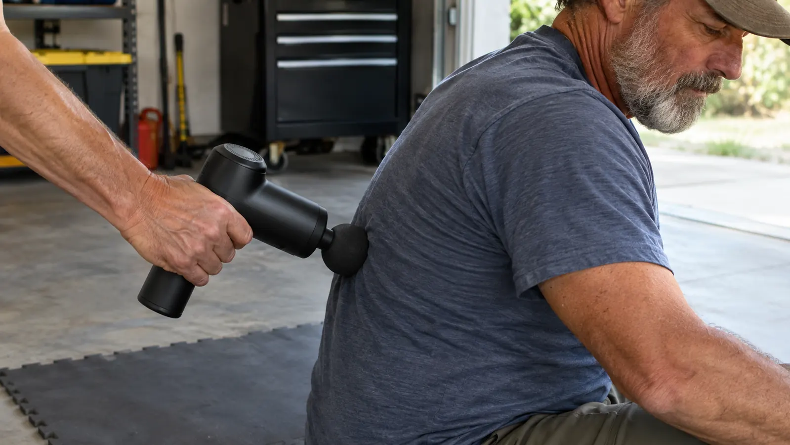 A hand using a massage gun on a lower back over a t-shirt in a garage