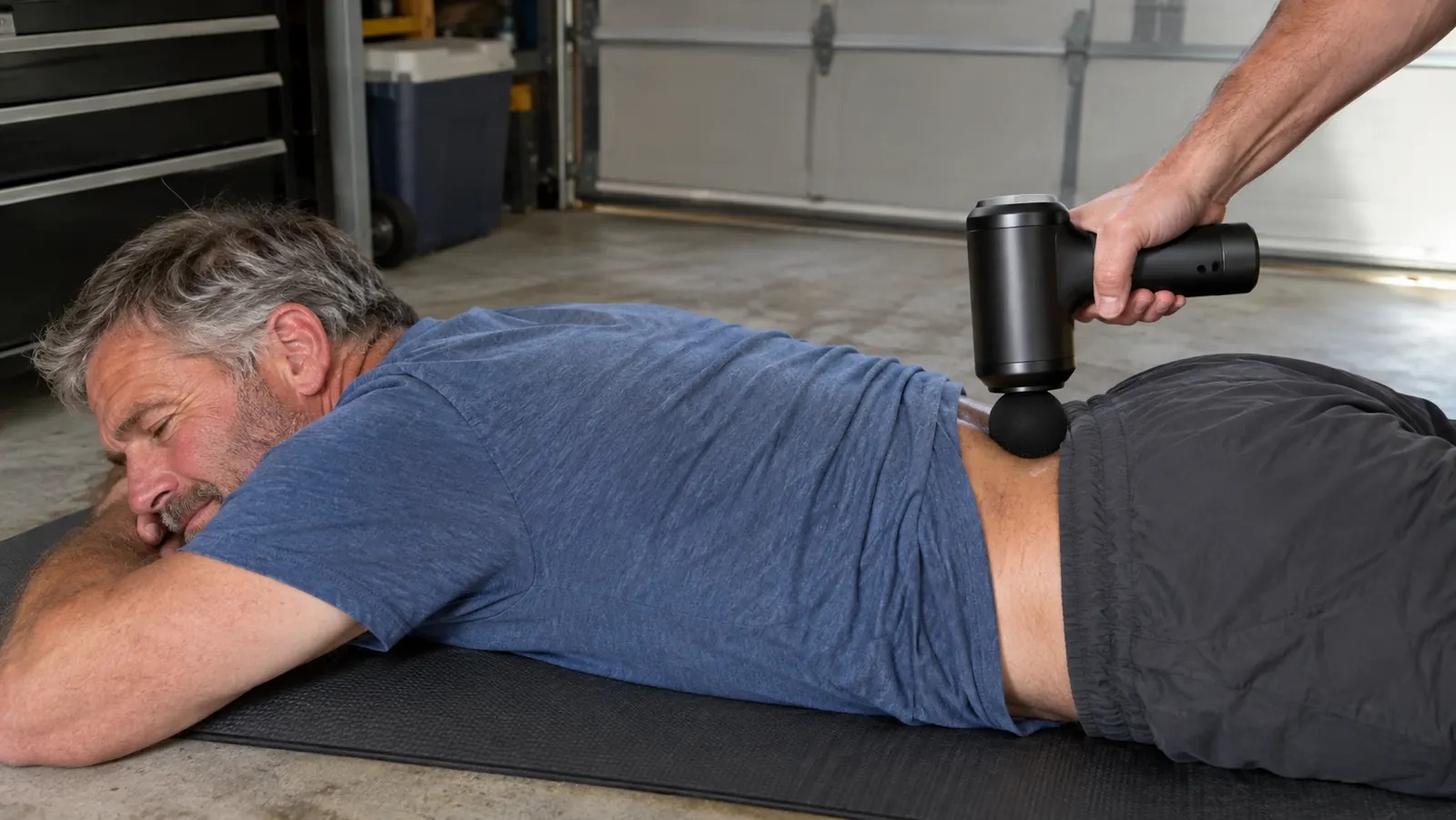 A hand pressing a massage gun against the lower back of a person lying on a foam mat