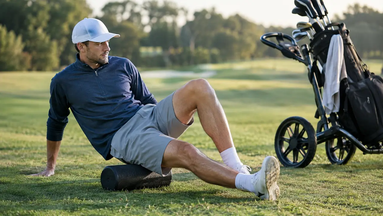 A golfer stretching a foam roller on the floor beside a push cart on a fairway